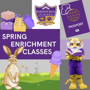 spring enrichment graphic for classes - with legos, passport, rabbit, tiger reading, ice cream